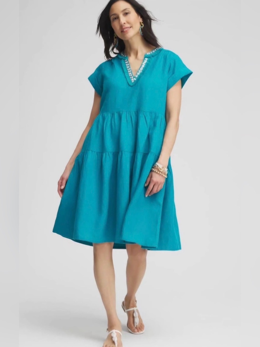 Chico's Linen Beaded V-Neck Tiered Dress Teal 4